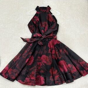Elegant Black and Red Floral Halter Dress